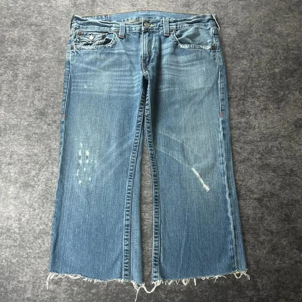 Vintage Y2K True Religion Billy Men’s Jeans World Tour Distressed Raw Hem Denim